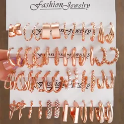 24 Pairs Rose Gold Color Hoop Earrings Set for Women Girl Geometric Twist Imitation Pearl Heart Circle Earring Fashion Jewelry