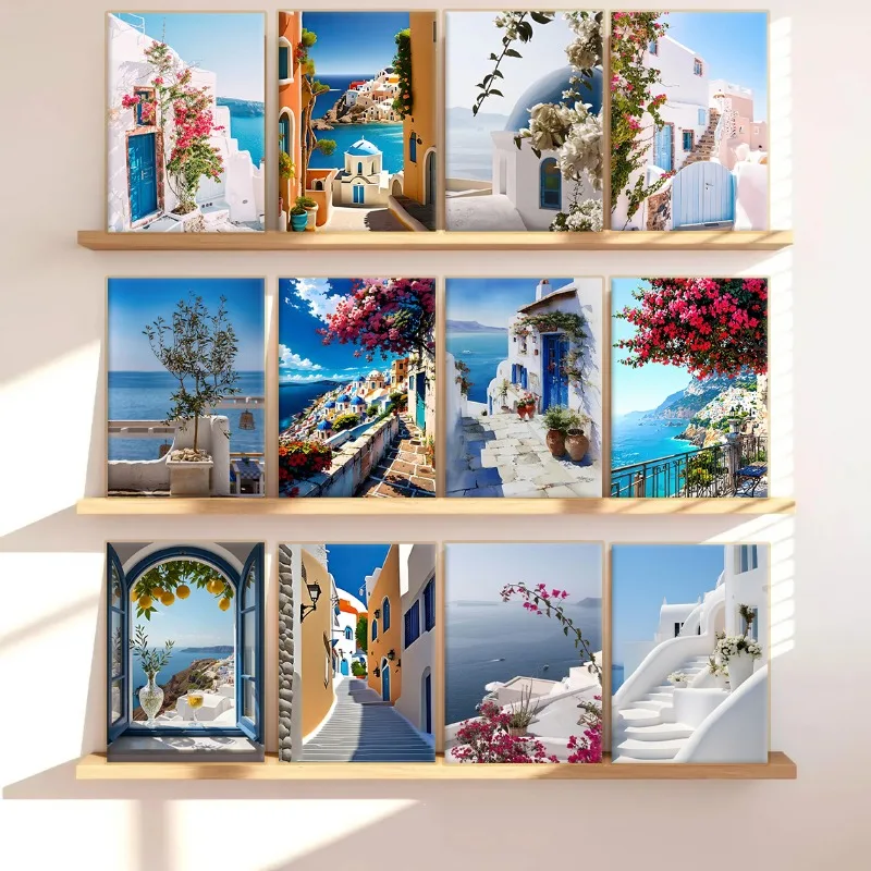 Greek Island Santorini Architecture White and Blue Poster Coastal Town View Flowers Canvas Painting Wall Art for Room Home Decor