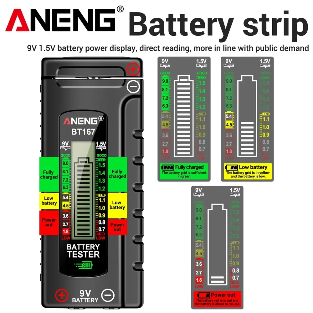 ANENG BT167 Battery Detector LCD Display C AA AAA D 9V 1.5V Universal Button Cell Tester Volt Test Checker Power Diagnostic Tool