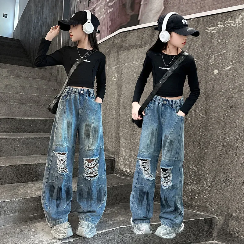 2025 Girls Fashion Big Broken Hole Jeans for Kids New Spring Summer Trousers Streetwear Graffiti Ripped Denim Wide Leg Pants