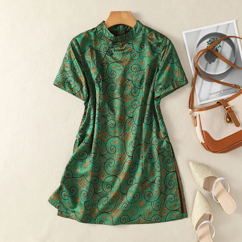 

Vintage Chinese Style Printed Green Qipao Women's Short Sleeved Modern Cheongsam Dress Traditional Clothing
