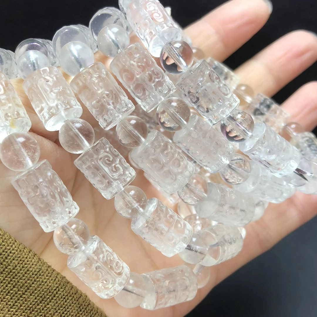 

1Pc Fengbaowu Natural Rock Quartz Bracelet 9x12MM Engrave Fret Pattern Beads Reiki Healing Stone Fashion Jewelry Gift Women Men