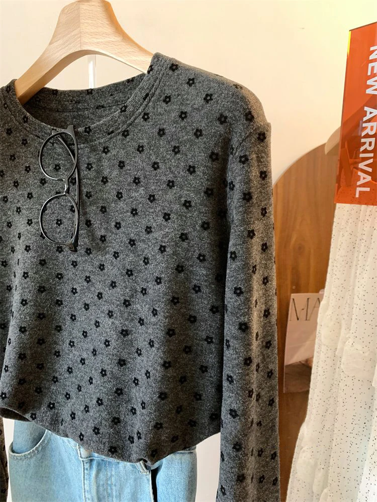 تي شيرت كوري فريد من نوعه بطبعة زهور عتيقة طويلة Sve تي شيرت ex كاجوال متعدد الاستخدامات بطبقة أساسية لربيع الخريف #3