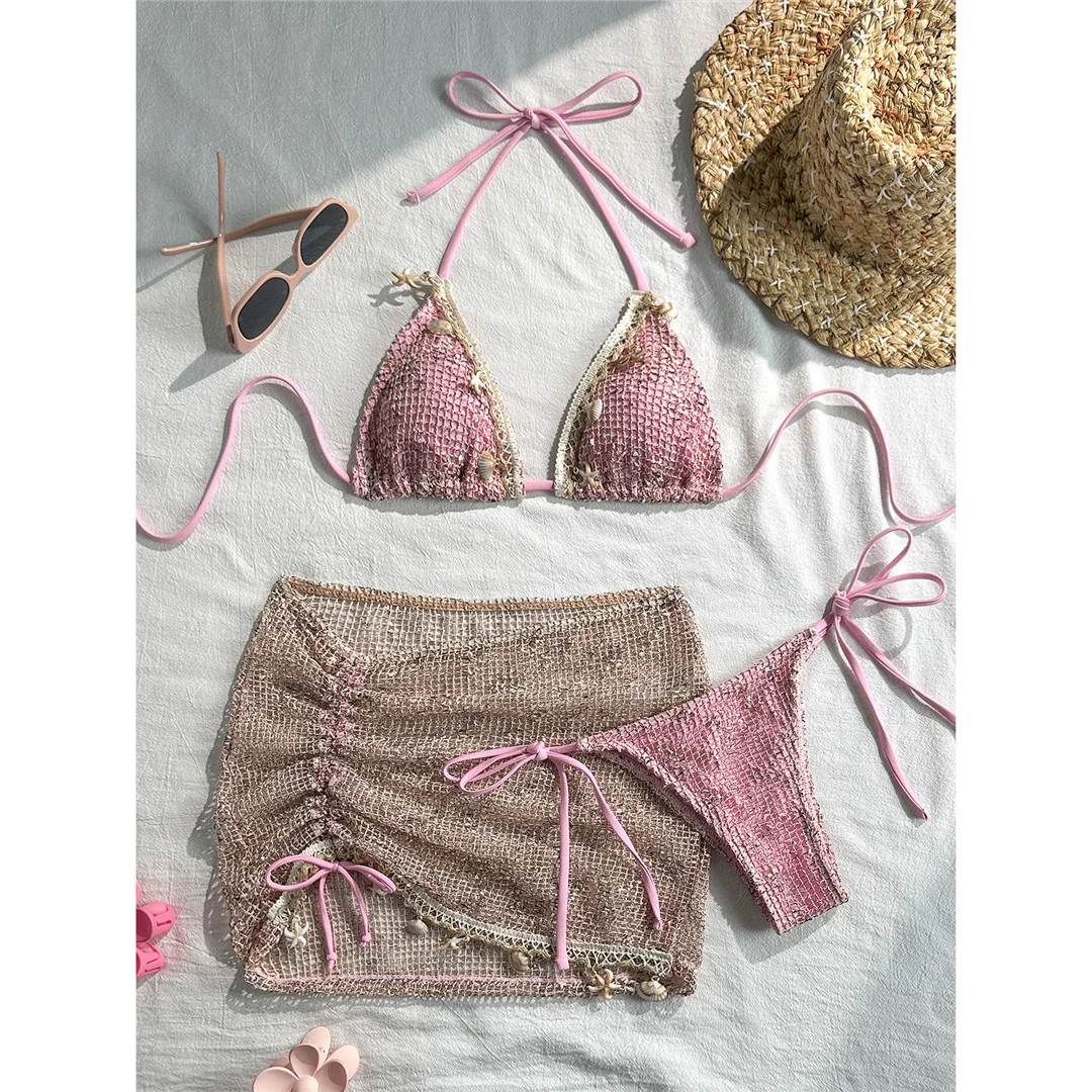 Mit Rock, gewelltem Ausschnitt, Neckholder-Bikini, Damen-Badebekleidung, dreiteiliges Bikini-Set, gepolsterter Badeanzug, Badeanzug, Schwimmanzug V8482 – Detail 10