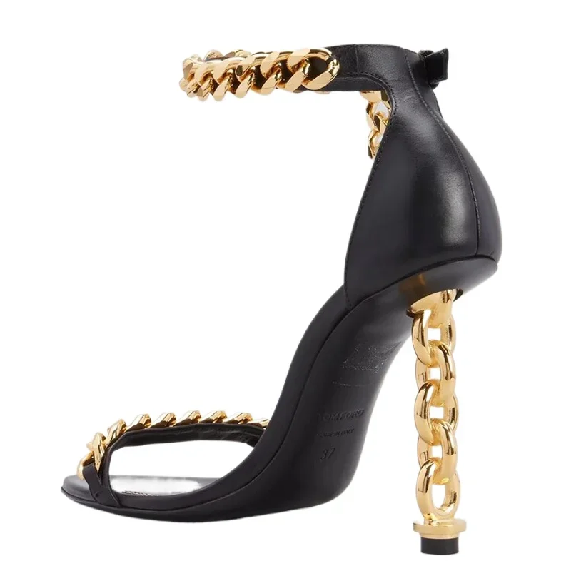 New Custom Gold Metal Heels Sandals Women Dress Stiletto Party Ankle Buckle Office Lady Shoes Open Square Toe High Alien Heel view 4