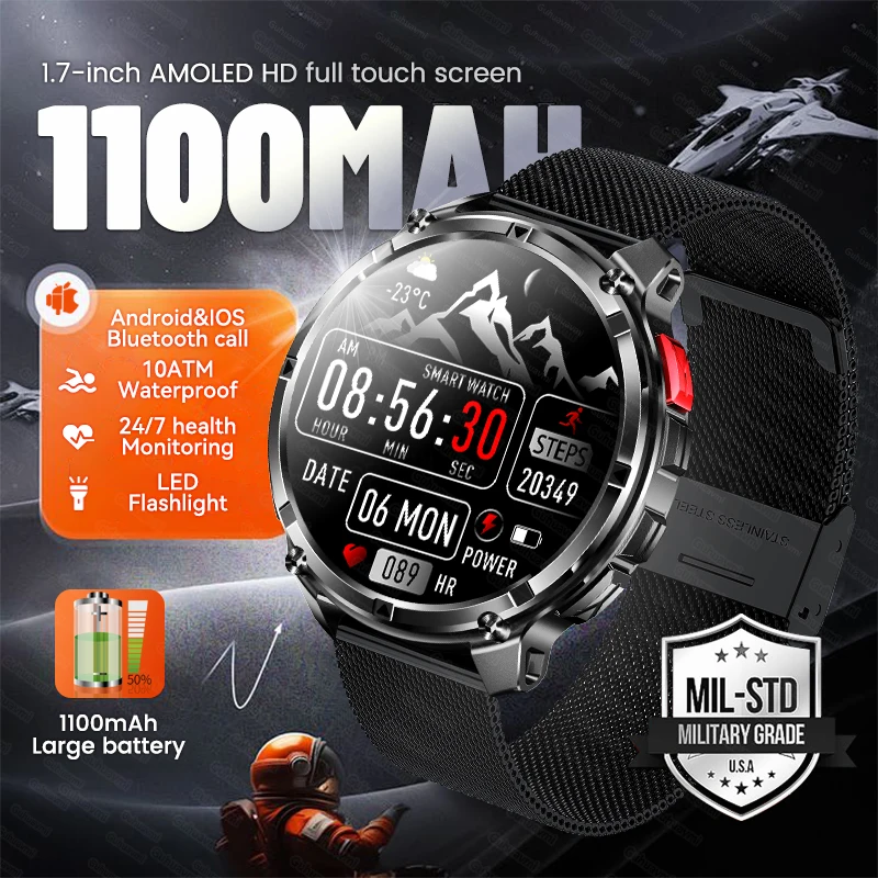 

New Military Outdoor 1100mAh Large Battery Men Smart Watch 1.7"HD Screen Heart Rate Bluetooth Call 10ATM Waterproof Smartwatches