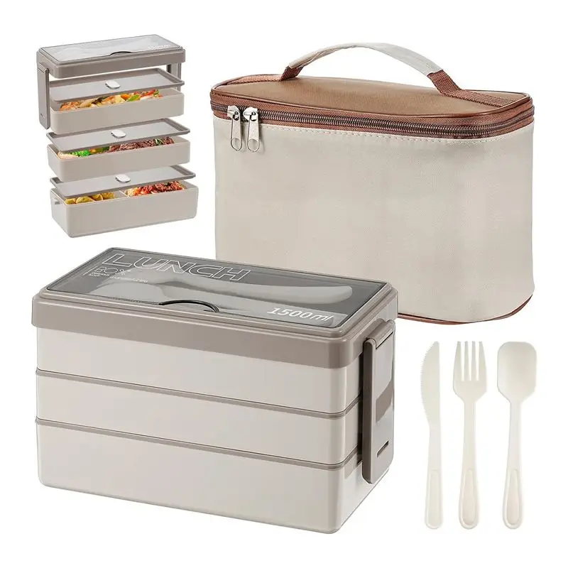 TEXU 1500Ml Bento Box With Bag - 3 Layer Lunch Box With Cutlery Set, 4-In-1 Meal Prep Container Box With Insulated Bag(Beige) Du