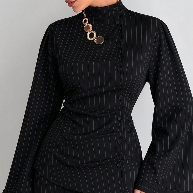 European and American new Chinese striped turtleneck blouse women's stand-up collar flared sleeve slim shirt Ins Style