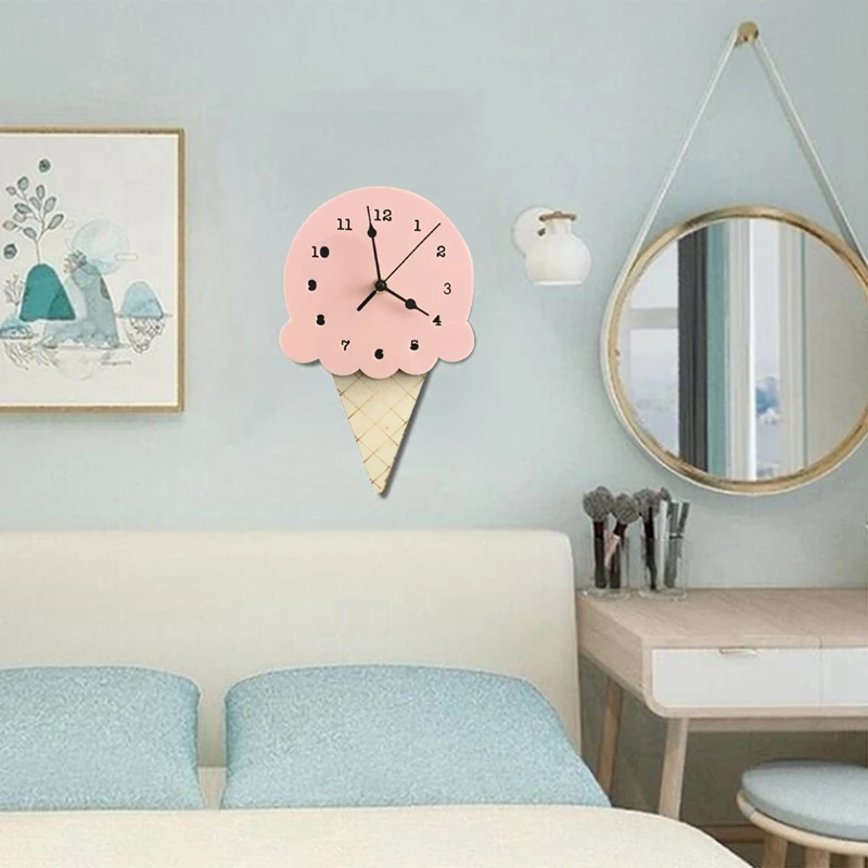 Nordic INS Style Ice Cream Sharped Wall Hanging Clock, Cartoon Silent, Non-Ticking Battery Powered For Children Bedroom