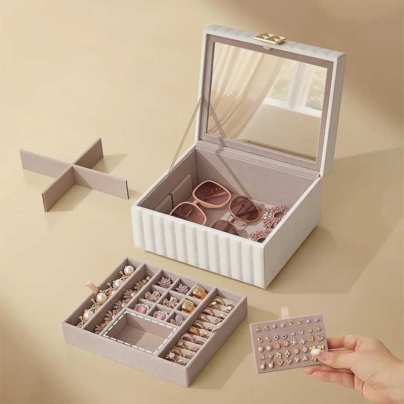 Luxurious Two Level Jewelry Storage Case Unique Two Layer Jewelry Box with Mirror and Removable Compartments for Women