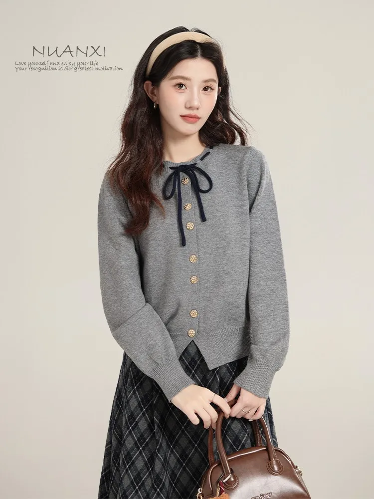 

Теплый вязаный кардиган Nuanchi College Sle и комплект с клетчатой юбкой для женщин, осенняя новинка, модный ансамбль