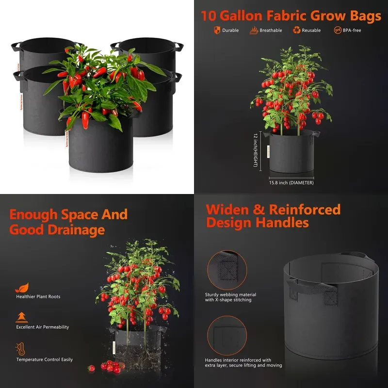 5 Pack 10 Gallon Reusable Heavy Duty Fabric Grow Bags Plant Pots with Handles for Tomato Herb Gardening