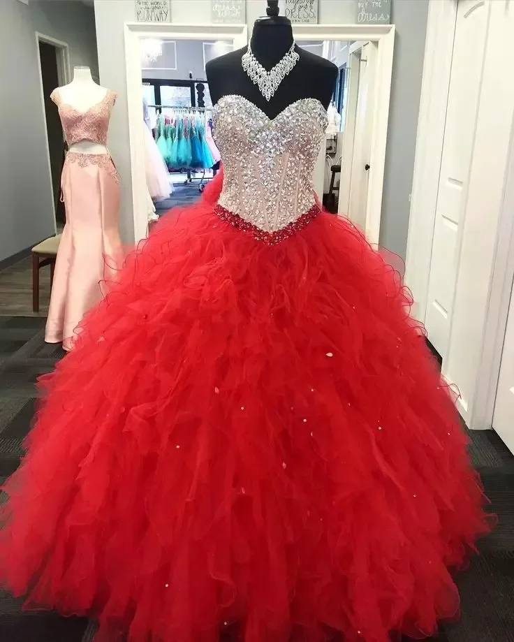 Sweetheart Ball Gown Quinceanera Dresses Vestidos De 15 Anos Sparkly Beading Crystal Organza Birthday Party Gowns