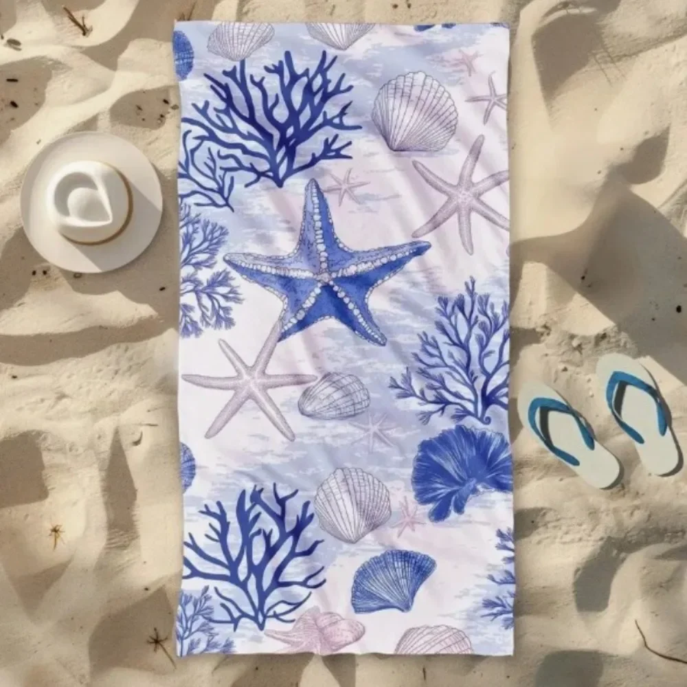 

Fashion Blue Shell Pattern Beach Towel, Super Absorbent Printed Swimming Bath Towel, Multipurpose Essential for Beach Pool Daily