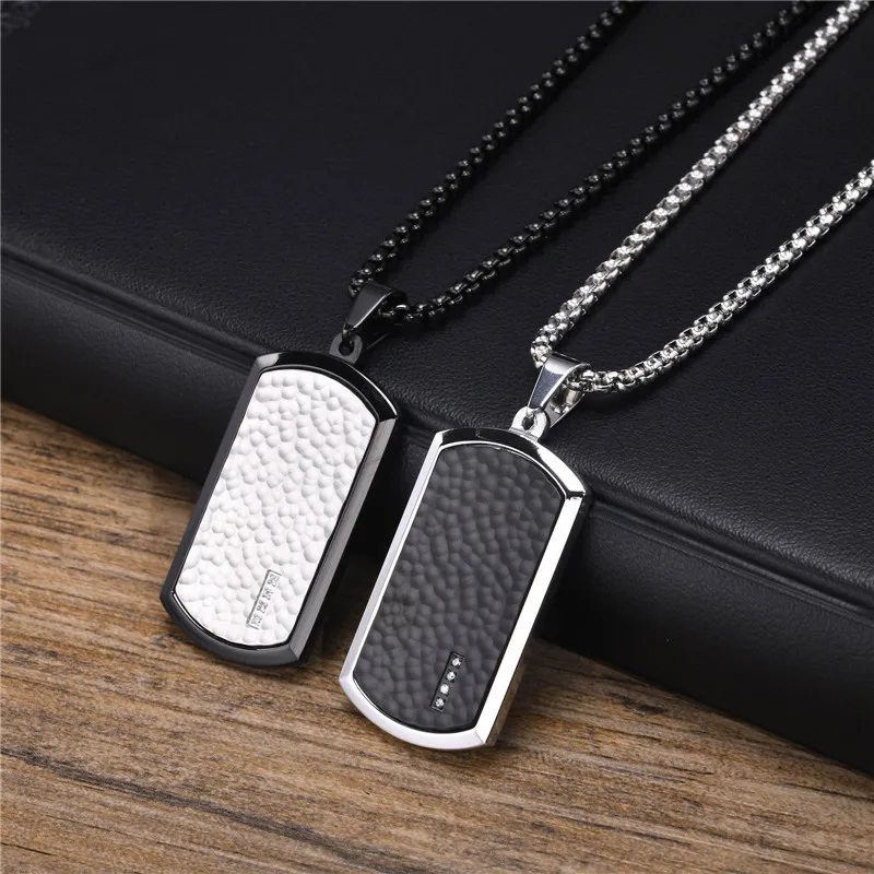 Modyle Punk Vintage Men Hammered Dog Tag Necklace Black Silver Color Stainless Steel Square Collar Birthday Christmas Gifts