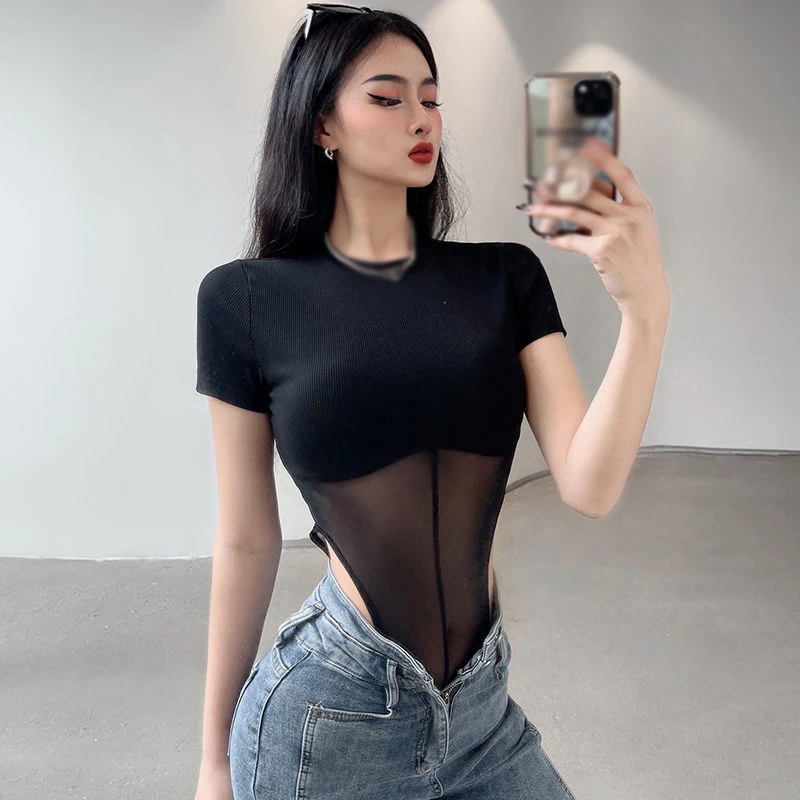 Sexy Bodycon Women Bodysuit Short Sleeve O Neck Open Basic Black Overalls Women Body Top Skinny Rompers Female