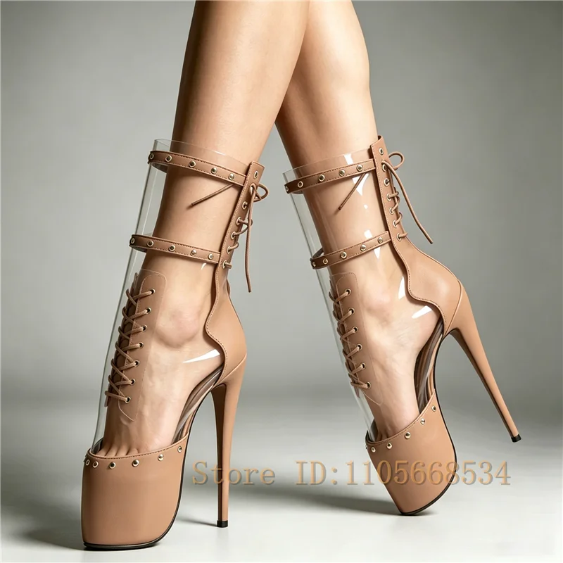 Sexy Women 18CM Super High Heels Platform Mid Calf Boots Clear PVC Metal Rivet Back Lace Up Ballet Queen High Heels Short Boots