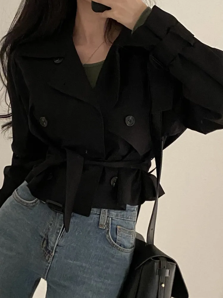 2colors 2023 Korean Women Autumn Trench Coats Short Jacket Casual Female Lace Up Coat Tops womens (hf1903)