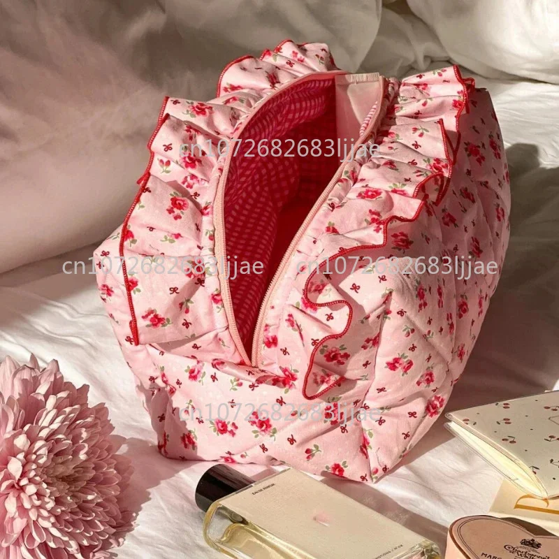 

Большая косметичка для помады и туалетных принадлежностей, дорожная сумка с рюшами и цветочным узором, женская косметичка на молнии, органайзер для макияжа