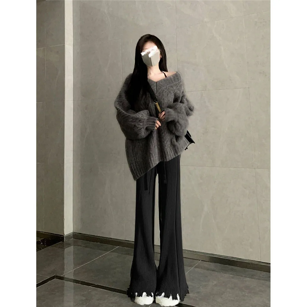 الكورية Sle سترة V-Ne عالية الخصر متوهج السراويل قطعتين مجموعة كسول Sle أوائل الخريف حجم كبير لباس نسائي غير رسمي