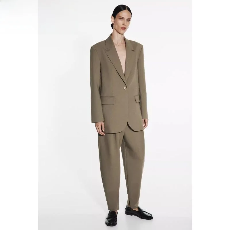 

New Women's Tailored Suit Jaet High Waist Lantern Pants Straight Cut Profional Commute Sle Long Sve Loose Fit