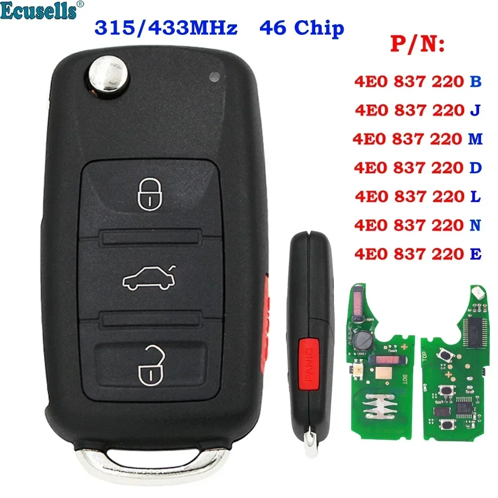 3+1 Buttons Remote Key Fob ID46 Chip 315MHz/ 433MHz for Audi A8 S8 2003 2004 2005 2006 2007 2008 2009 4E0837220B/J/L/D/M/E/N