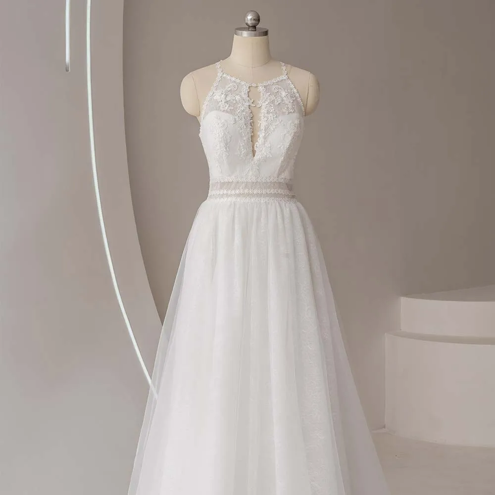 Luxury A-line Wedding Dresses For Women Sexy Halter Sleeveless Elegant Vestidos Bride Gowns Mariée Customized vestidos de novia