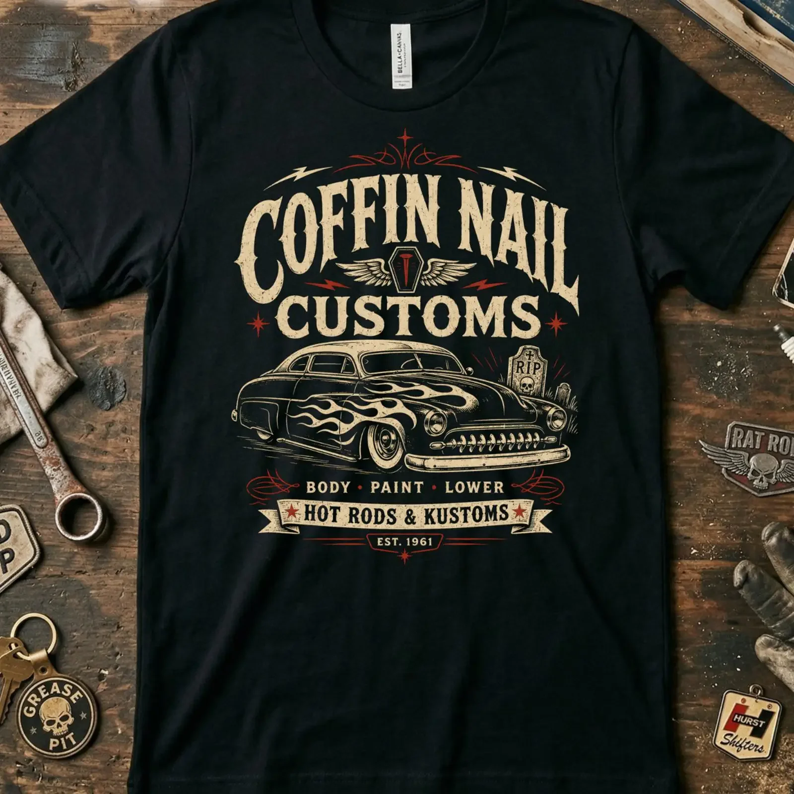 Coffin Nail Customs T Shirt Psychobilly Hot Rod Gearhead Kustom Kulture XS 5XL vintage Washed Unisex Stylish streetwear Soft