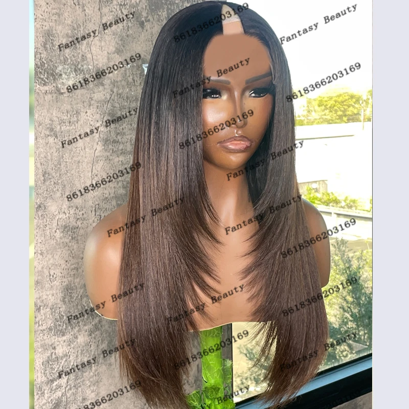 Wig Bagian V pembuka rambut manusia Remy lurus halus untuk wanita hitam dengan klip wig alami lembut cokelat sorot kepadatan penuh 180