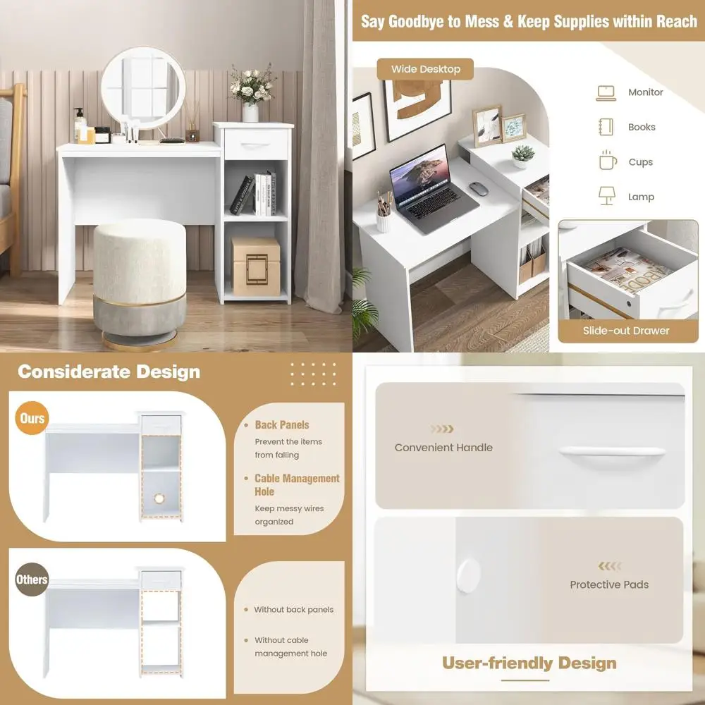 

Adjustable Shelved White Computer Desk with Cable Management for Compact Study Spaces