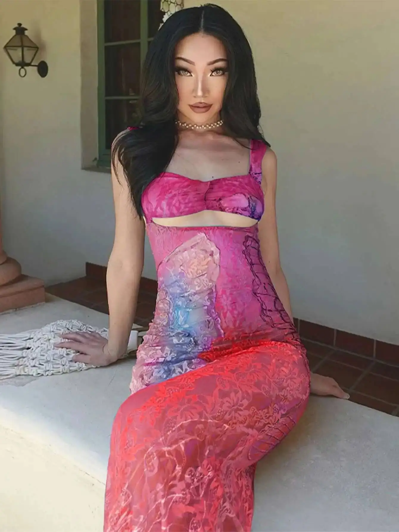 Robe Maxi découpée en dentelle imprimée, moulante, Sexy, tenue de soirée, Club Y2K, Streetwear, robe à bandes, robes de bal classiques, PQ7W