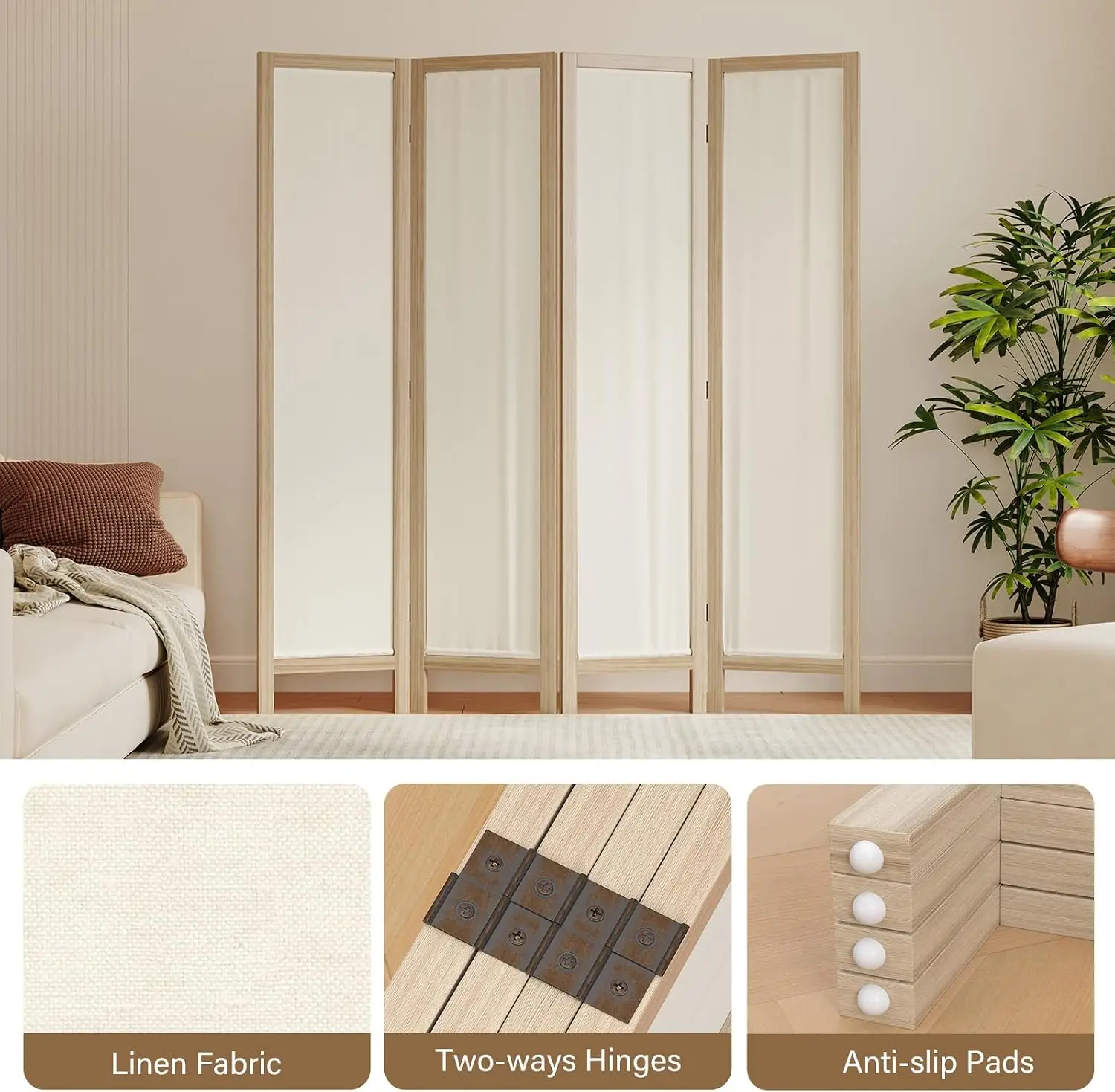 4 Panel Room Divider Privacy Screen, Foldable Wood Frame Partition with Removable Linen Fabric Curtain, Zero Assembly for Home Office Studio, Versatile New Arrival