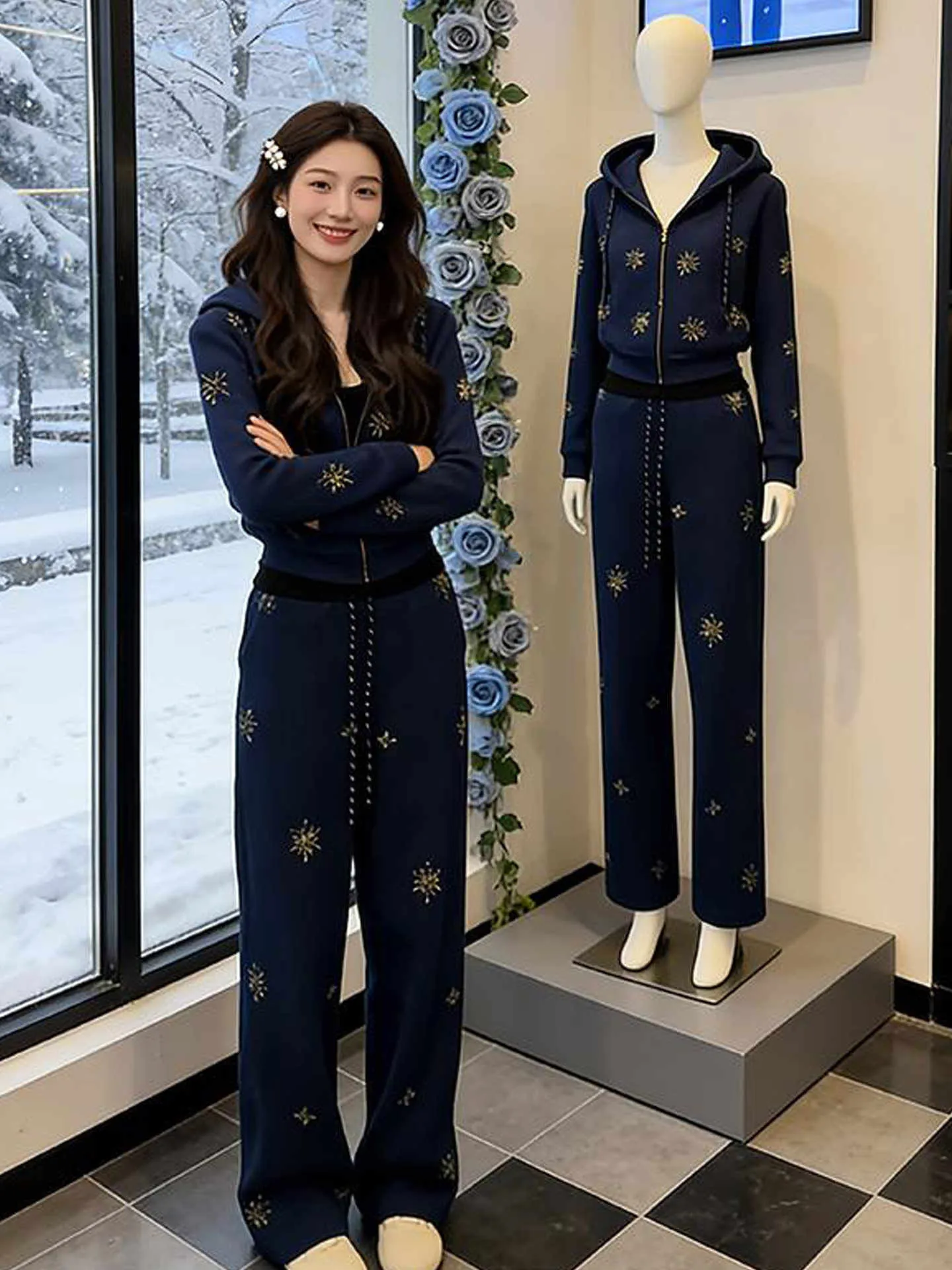 

Ele Embroidered Hat Women's Two-Piece Set Korean Sle Winter Faion Wide Leg Pants Casual Wear Comfortable Fit