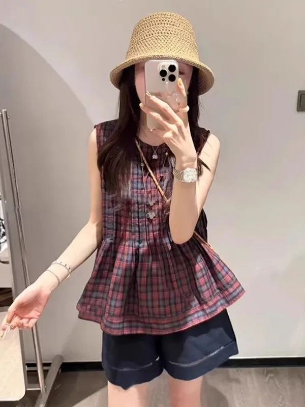 

Slimming Large Size Women's Plaid Cotton Shirt Summer 2026 New Style Loose Fit Pure Cotton Vest Top Korean Style round Neck