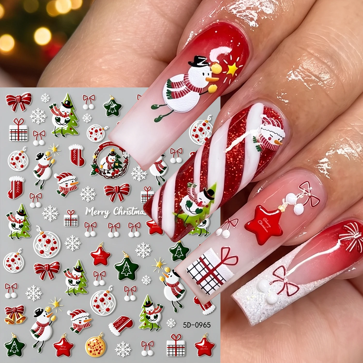 1Pcs 5D Cartoon Snowman Snowflakes Xmas Nail Stickers Cute Wreath Sock Bow Tree Nails Decals Self Adhesive Manicure Decorations