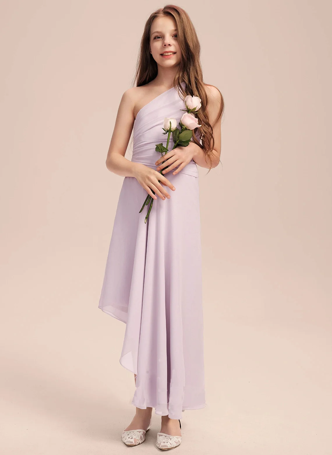 A Line One Shoulder Asymmetrical Chiffon Junior Bridesmaid Dress With Pleated Evening Dress New Elegant Banquet Gowns