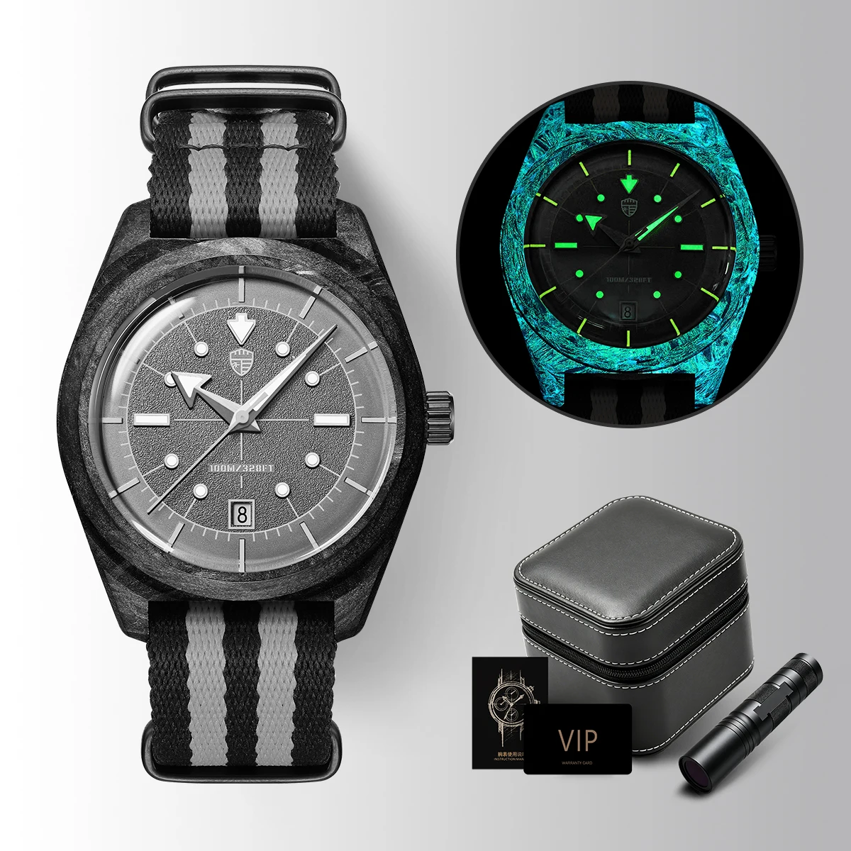 TIME TOKEN Lightweight Carbon Fiber Vintage Pilot Automatic Watch for Men Luminous Date  Sports Mens Mechanical Wristwatch T703