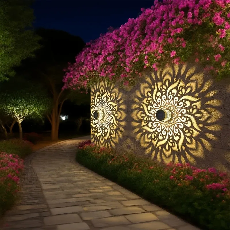 2PCS Solar Outdoor Wall Lights IP65 Waterproof Vintage Modern Cut Out Warm Yellow LEDs for Garden Patio Balcony Villa Gate Decor