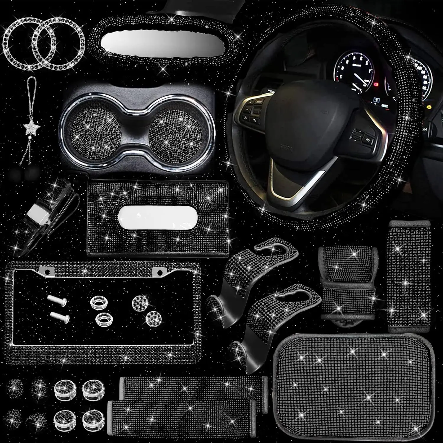 

Набор из 25 блестящих аксессуаров для автомобиля, включая чехол на руль, рамку для номерного знака и многое другое, черного цвета
