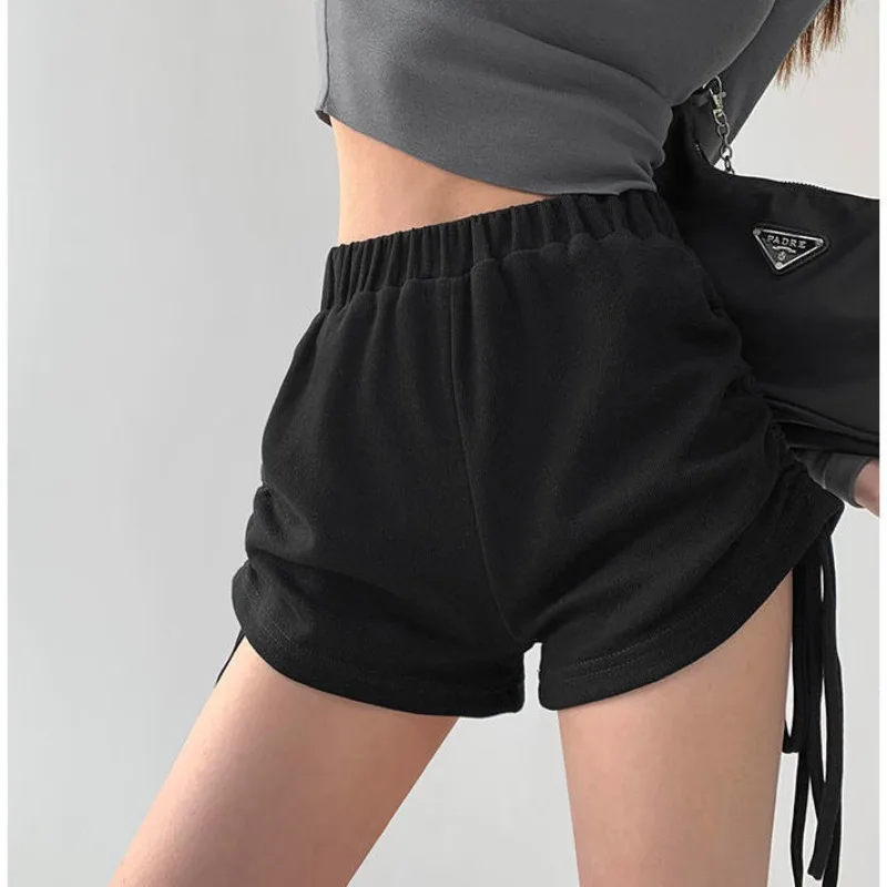 Women\'s Clothing Summer New Solid Color High Street Sweet Elastic High-waisted Drawstring Ruched Casual Sporty Wide-leg Shorts