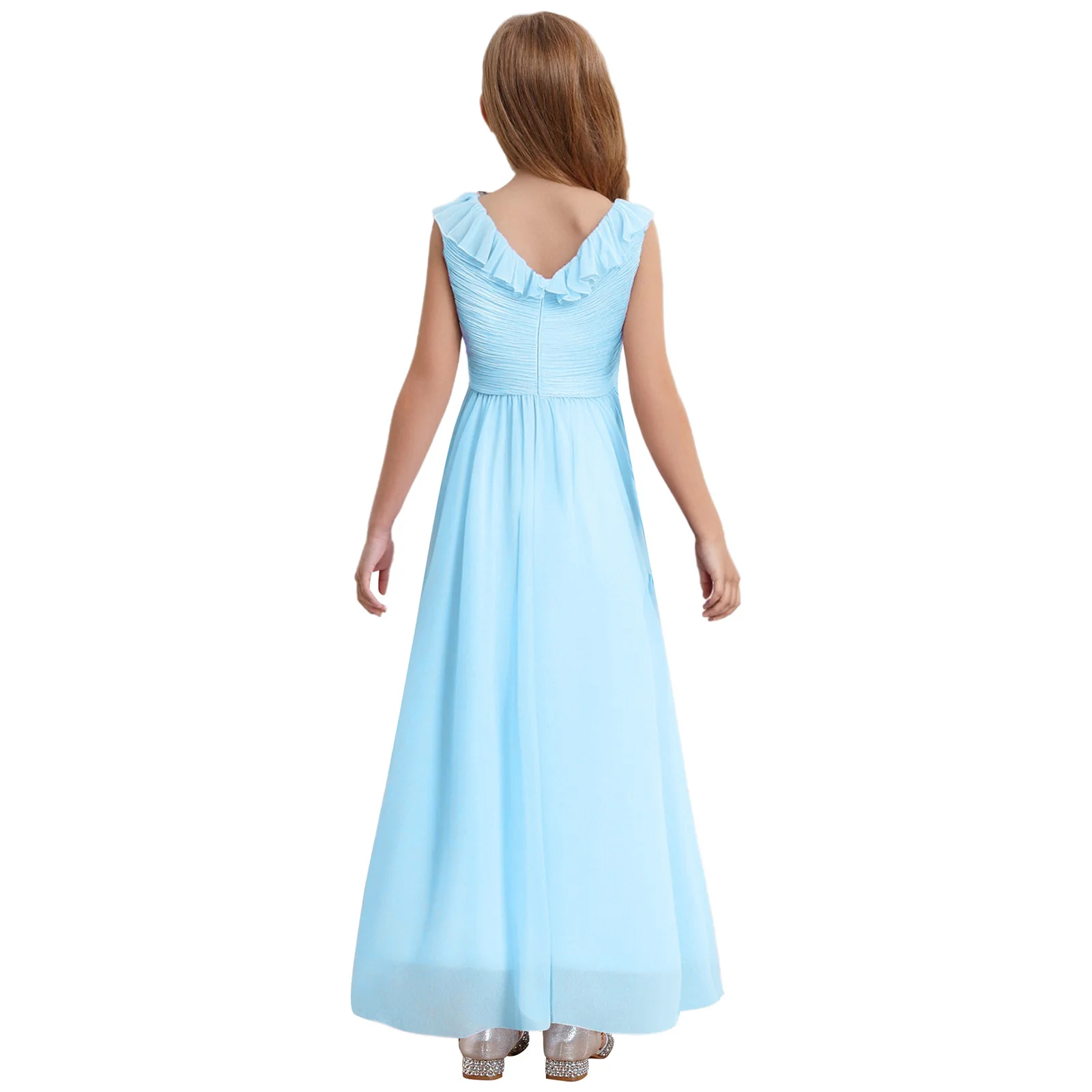 

Children Flower Girls Dress Sleeveless Ruffle Collar Prom Gown Elegant Chiffon Princess Birthday Formal Wedding Party Long Dress