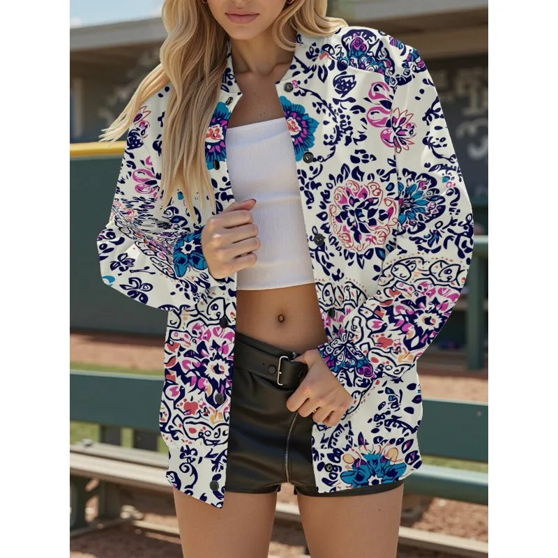 

Женская белая бейсбольная куртка с разноцветным цветочным художественным узором, куртки с карманами и длинными рукавами, повседневное уличное пальто больших размеров