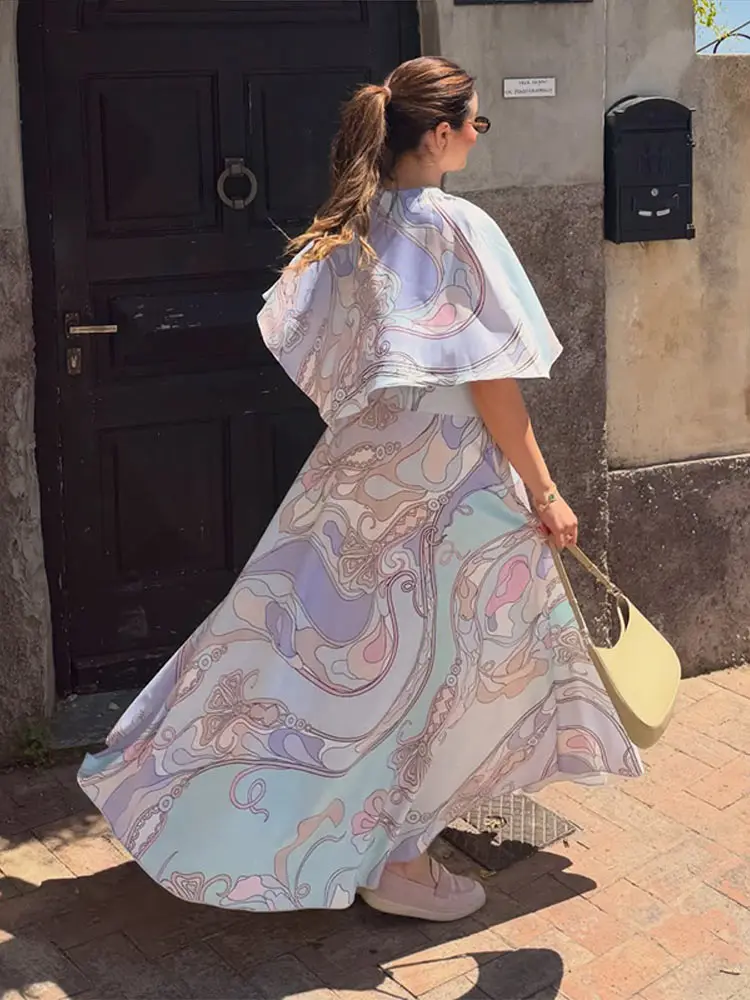 Swirl Print Cape Sleeve Blouse Skirt Set Oversized Short Sleeve 2026 Summer Causal Women Outfit Vacation Boho Lady Ensemble - Image 5