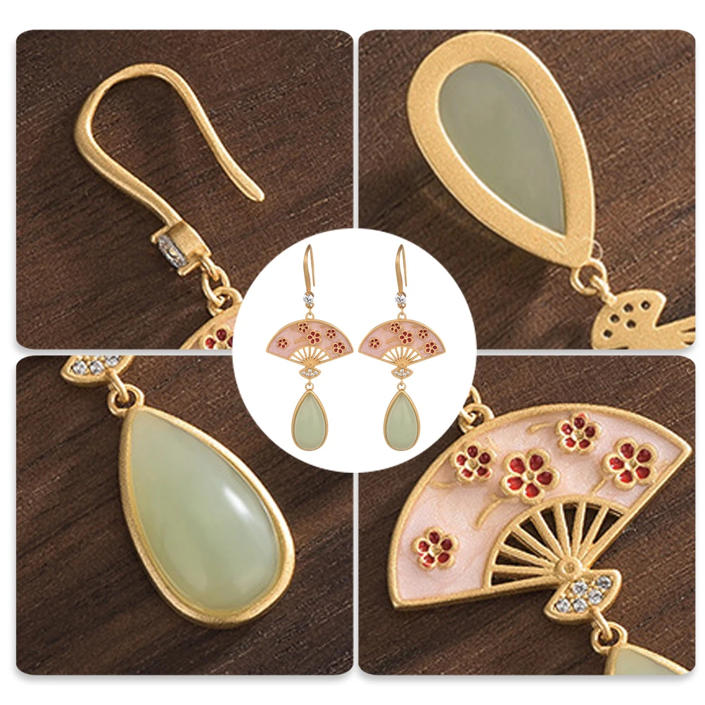 

1 Pair Chinese Style Fan Shape Jade Earrings Classical Delicate Ear Pendant For Women Retro Ear Ornament Female Decoration Gift