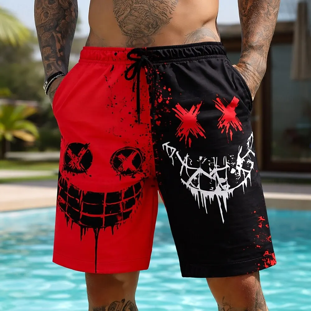 Men's Cartoon Smile Face Shorts Mid Waist Vintage Drawstring Waist Side Pockets Daily Wear for Spring & Summer