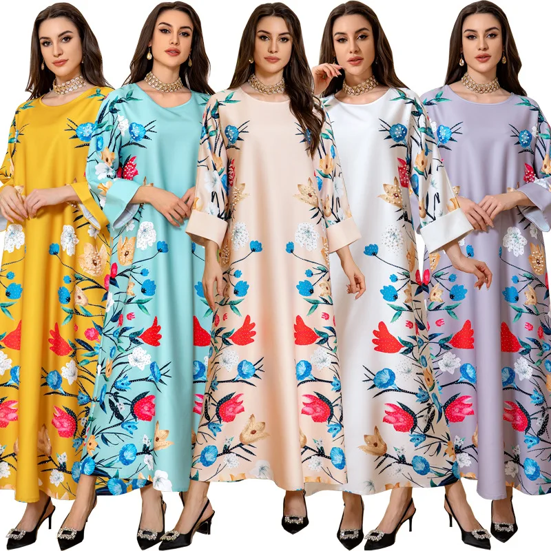 Arabic Dubai Fashion Print Rhinestone High-Density Stretchy Fabric Long Gown Jalabiya Muslim Home Party Dress