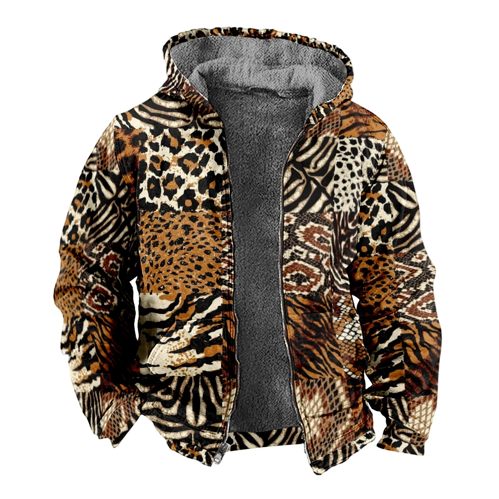 Autumn Winter Fleece Zip Up Hoodies Patchwork Leopard Digital Print Men Parka Coats Jackets Outerwear Sweatshirts Clothing