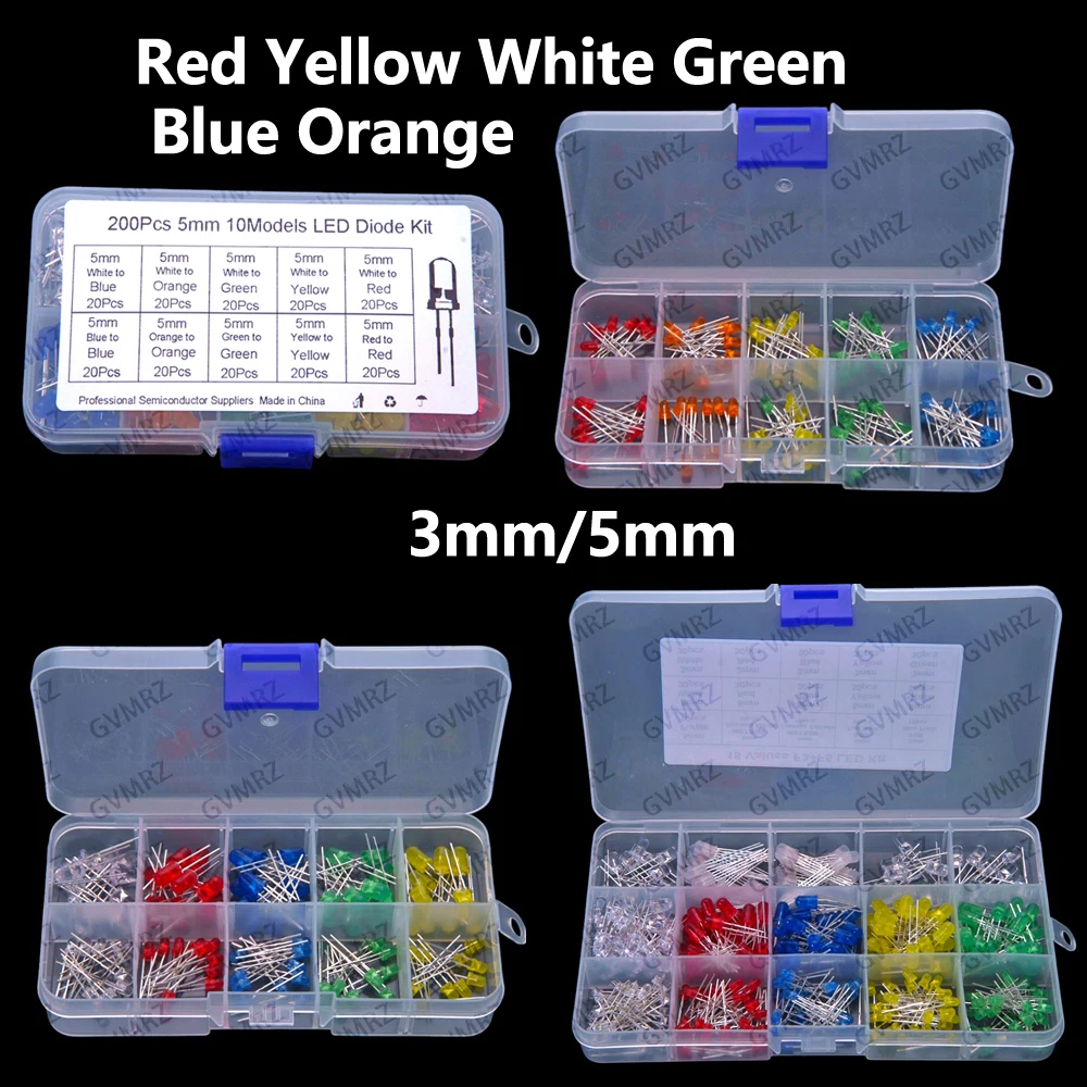 3mm / 5mm LED Red Yellow White Green Blue Orange Warm White Pink Purple Assorted Kit Yellow White Green Blue