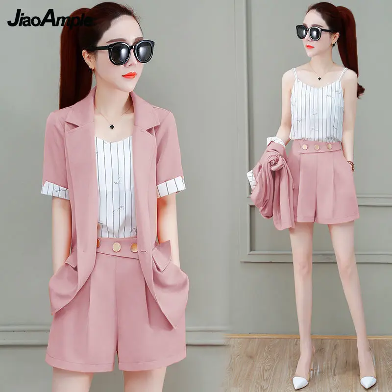 2022 Summer New Suit Jacket Shorts Suspenders Three-piece Women\'s Professional Wear Korean Fashion Blazers Coat Vest Pants Set