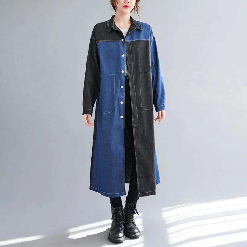 Cor blo waed denim irt dr longo sve colarinho saia evasê para mulheres plus size outono commute sle thiened